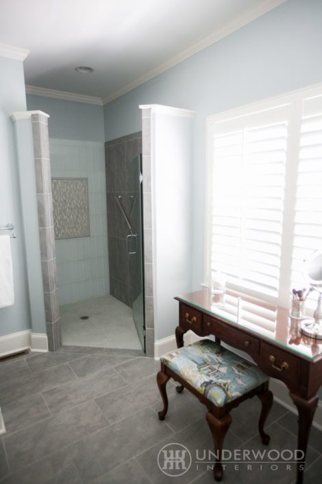 Bathroom Remodel - after. Natural light, sitting area, shower upgrade.